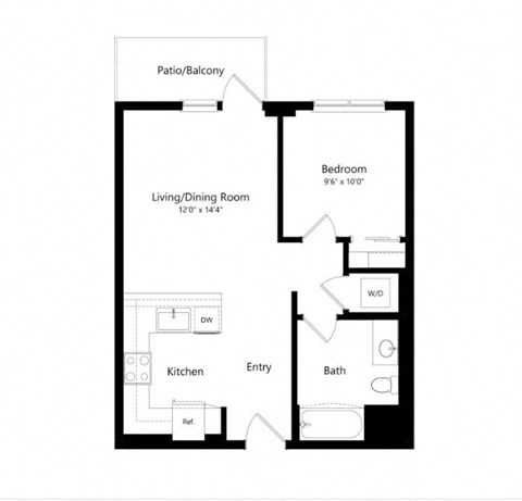 Floor plan for 1 bed, 1 bath, 622 sqft